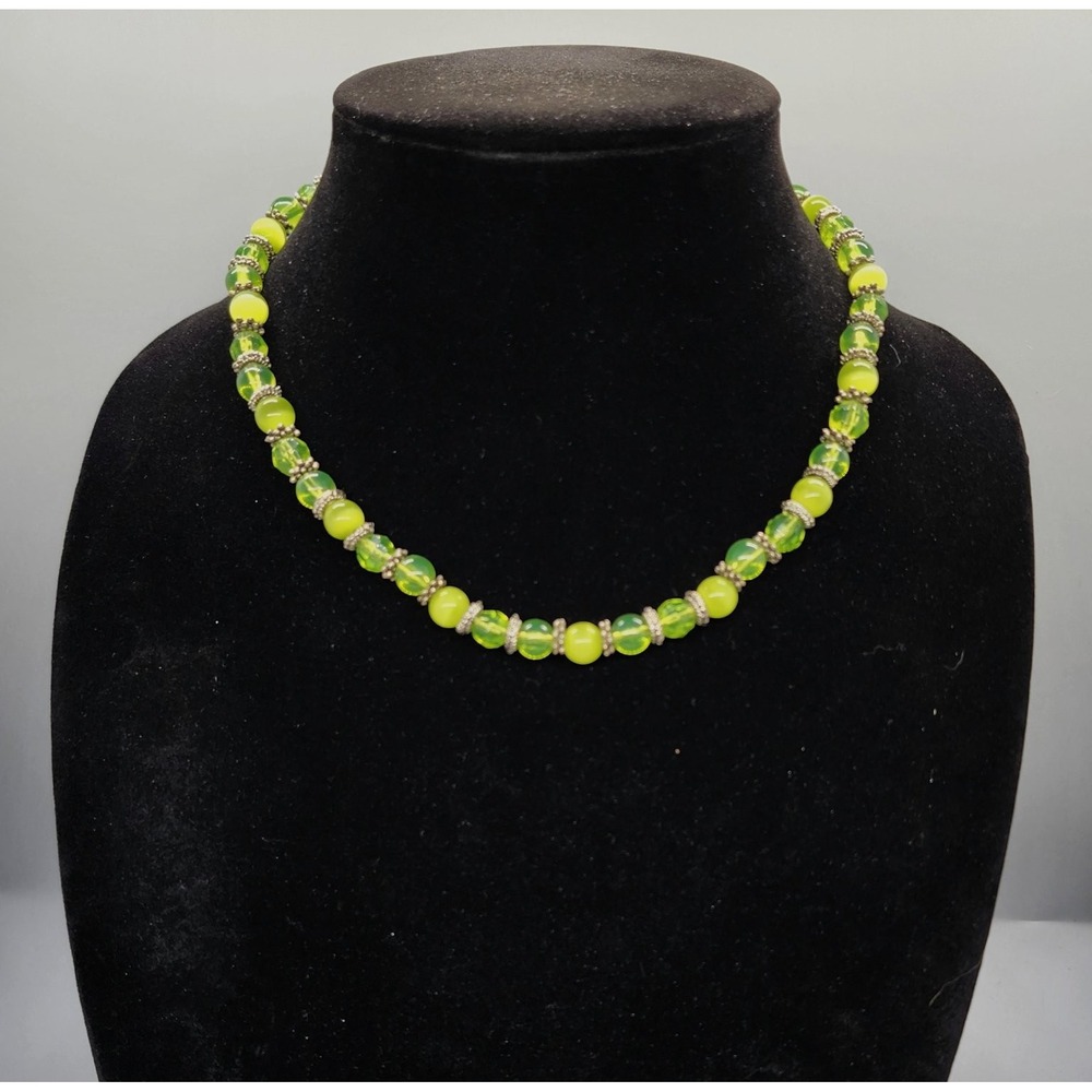 Lime Green Cat Eye Glass Beaded Choker Necklace Adjustable 16-18" Silver Tone